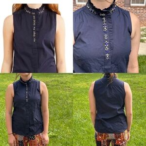 J Crew Rhinestone Ruffled Collar Navy Blue Sleeveless Shirt. XS